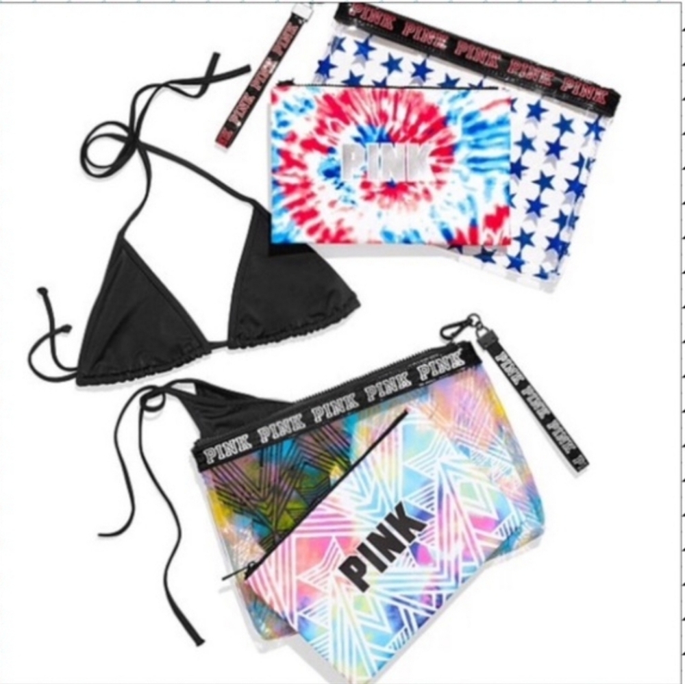 PINK Victoria's Secret Bikini Bag Duo Bright Watercolor Logo Print Pink Blue NWT